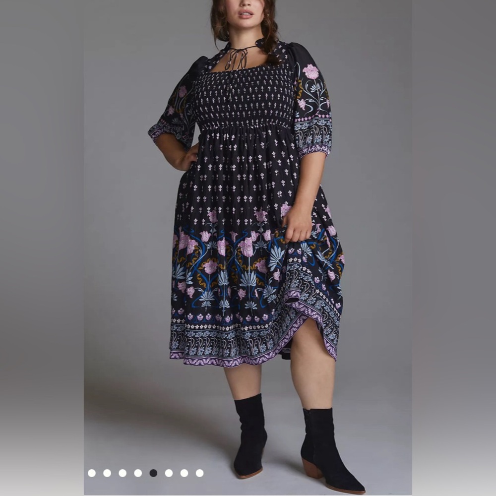 Anthropologie Dasha Smocked Midi Floral Tie Bohemian Dress Size Large - Picture 17 of 17
